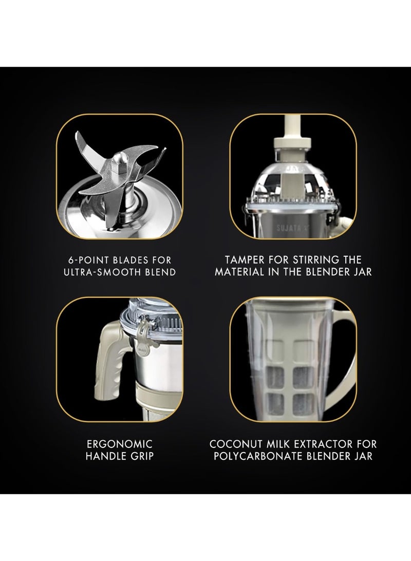 سوجاتا Sujata MG03 Mixer Grinder|1000 Watts Double Ball Bearing Motor|24000 RPM|Non-Stop 90 Mins Running|4 Jars including 1750ml Blender with Coconut Milk Extractor, 1500ml, 1000ml, 500ml Jar|Beige & White - Image 2